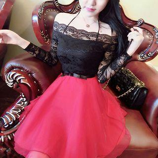 Lace Trim Off Shoulder Long Sleeve A-line Dress