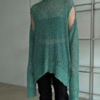 Long-sleeve Round-neck Color-block Shoulder Cut-out Knit Top Green - One Size