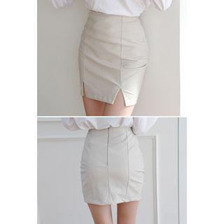 Slit-front Faux-leather Skirt