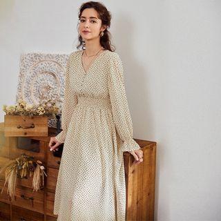 Long-sleeve V Neck Dot A-line Dress