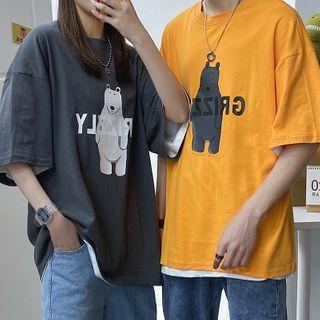 Couple Matching Elbow-sleeve Bear Print T-shirt