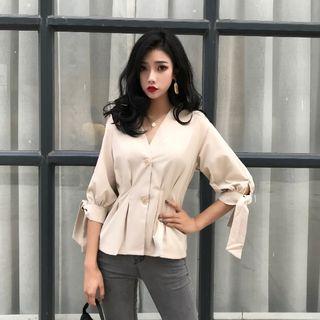 V-neck Lace Up Long-sleeved Shirt