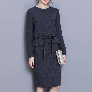 Set: Crew-neck Ribbon Detail Sweater + Straight-fit Knit Skirt
