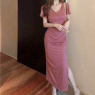 Short-sleeve V-neck Slit Midi Sheath Dress