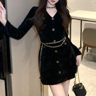 Long-sleeve Button-up Mini Dress / Waist Chain
