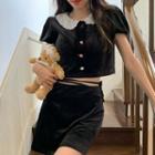 Puff-sleeve Peter Pan-collar Velvet Cropped Blouse / Mini Skirt