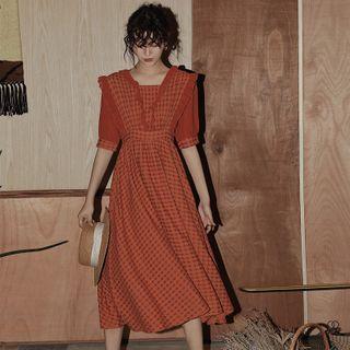 Ruffled Plaid Short-sleeve Midi A-line Dress