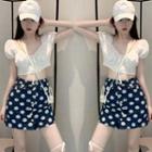 Balloon-sleeve Cropped Blouse / Floral Print A-line Skirt