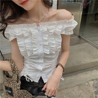 Off-shoulder Ruffle Trim Drawstring Cropped Blouse