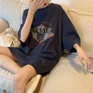Lettering Elbow-sleeve T-shirt Gray Navy - One Size