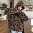 Hooded Leopard Printed Furry Coat