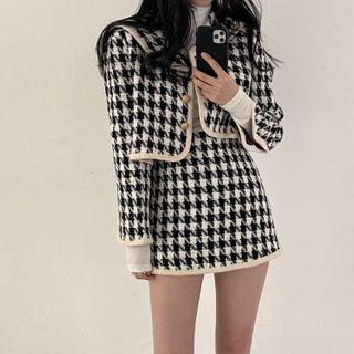 Houndstooth Button-up Jacket / Mini Skirt