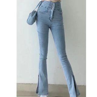 High Waist Straight Leg Side Slit Jeans