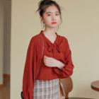 Long-sleeve Tie-neck Blouse Wine Red - One Size