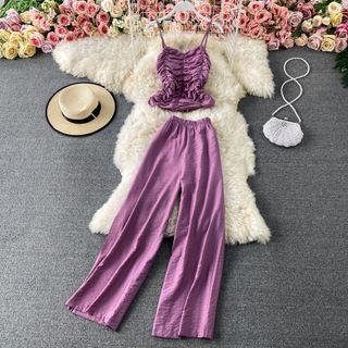 Set: Shirred Cropped Camisole Top + High-waist Wide-leg Pants