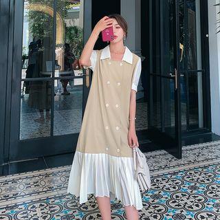 Pleated Panel Double-breasted Midi Dress