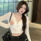 Long-sleeve Hook And Eye Lace Top White - One Size