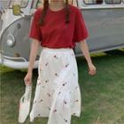 Floral Print A-line Midi Skirt / Plain Short Sleeve T-shirt