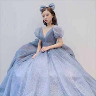 Puff-sleeve Mesh Evening Ball Gown