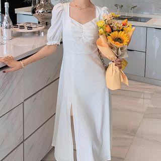 Short-sleeve Square-neck Side-slit Midi A-line Dress
