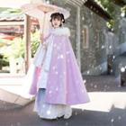 Faux Fur Trim Embroidered Hooded Hanfu Cape Purple - One Size