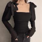 Puff-sleeve Ruched Lace-up Top