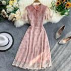 Short-sleeve Lace A-line Midi Dress Pink - One Size