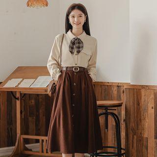 Tie Neck Shirt / Midi A-line Skirt / Set