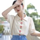 Elbow-sleeve Collared Flower Embroidered Blouse