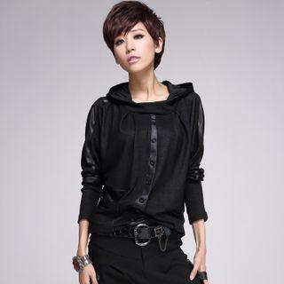 Faux Leather Panel Button-up Hoodie