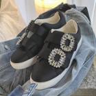 Rhinestone-buckle Velcro Satin Sneakers
