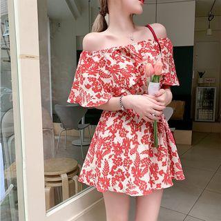 Elbow-sleeve Ruffled Floral Wide-leg Playsuit