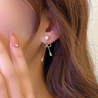 Heart Faux Pearl Bow Alloy Dangle Earring 01 - 1 Pr - Silver - One Size