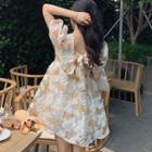 Bubble Sleeve Square Neck Floral Print Organza Mini A-line Dress
