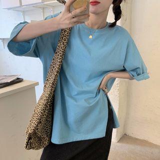 Elbow-sleeve Plain T-shirt Aqua Blue - One Size