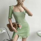 Short-sleeve Knit Mini Dress Green - One Size