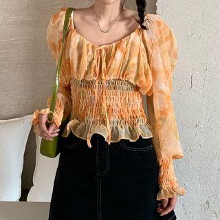 Long-sleeve Tie-dye Print Cropped Blouse Orange - One Size