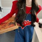 Lettering Denim Dungaree Shorts / Long-sleeve T-shirt