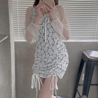 Long-sleeve Mini Sheath Lace Dress White - One Size