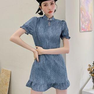 Short-sleeve Mandarin-neck Denim Mini Dress