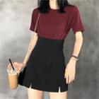 Short-sleeve Plain T-shirt / High-waist Split Hem Skirt