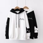Contrast Color Cat Embroidered Hoodie