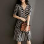 Short-sleeve V-neck Patterned Knit Mini A-line Dress