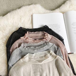 Shimmer Long Sleeve Ruffle Neck Sheer Top