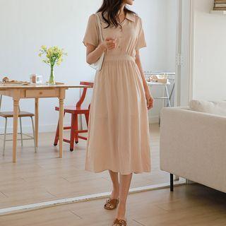 Collared Shirred Tie-waist Long Dress