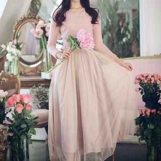 Plain Cardigan / Long-sleeve Mesh Panel Dress