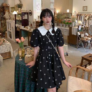 Puff-sleeve Collared Embroidered Dress