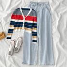 Long-sleeve Striped Buttoned Knit Top / Wide-leg Jeans