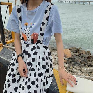 Printed Short-sleeve T-shirt / Dotted Midi Suspender Dress