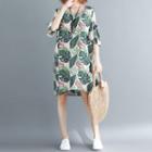 Elbow-sleeve Leaf Print Dress